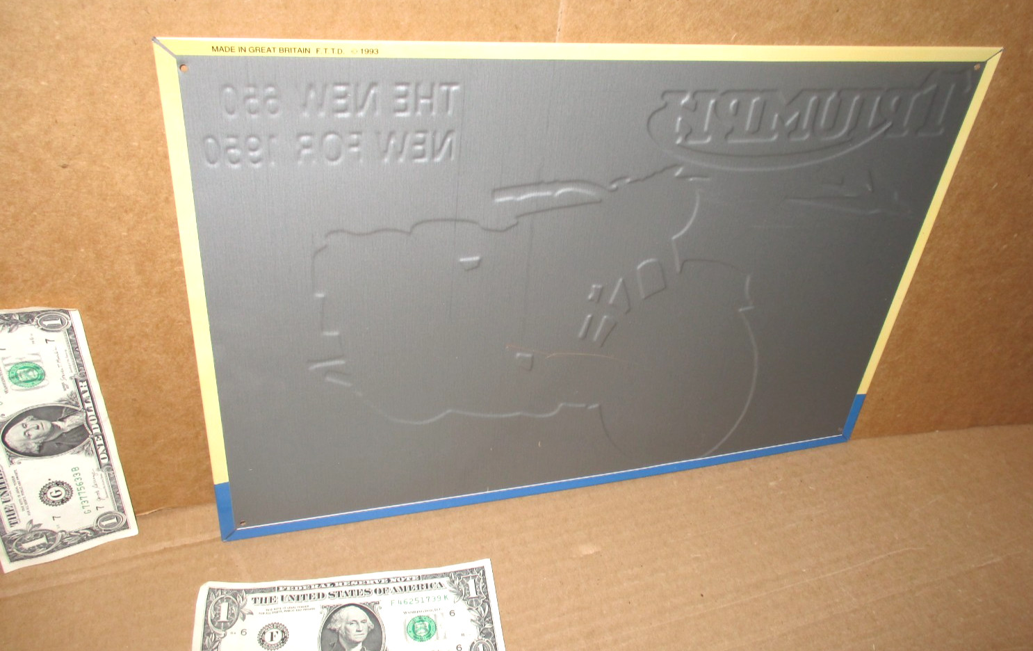 TRIUMPH - 650 Motor --OLD SIGN -Date1993 -SHOWS DETAIL of 1950 Bike / Motorcycle