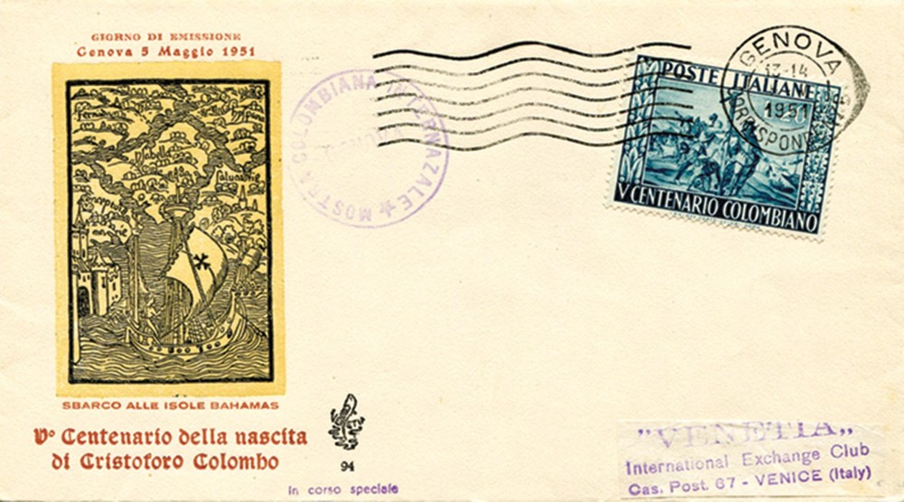 Columbus single stamp on envelope Venetia