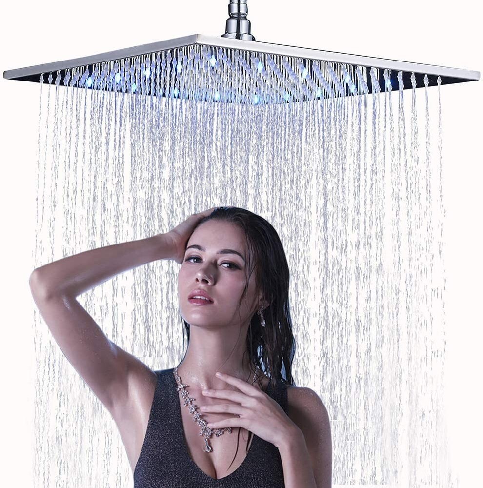 Chrome 16" LED Square Rainfall Adjustable Shower Head Overhead Top Sprayer