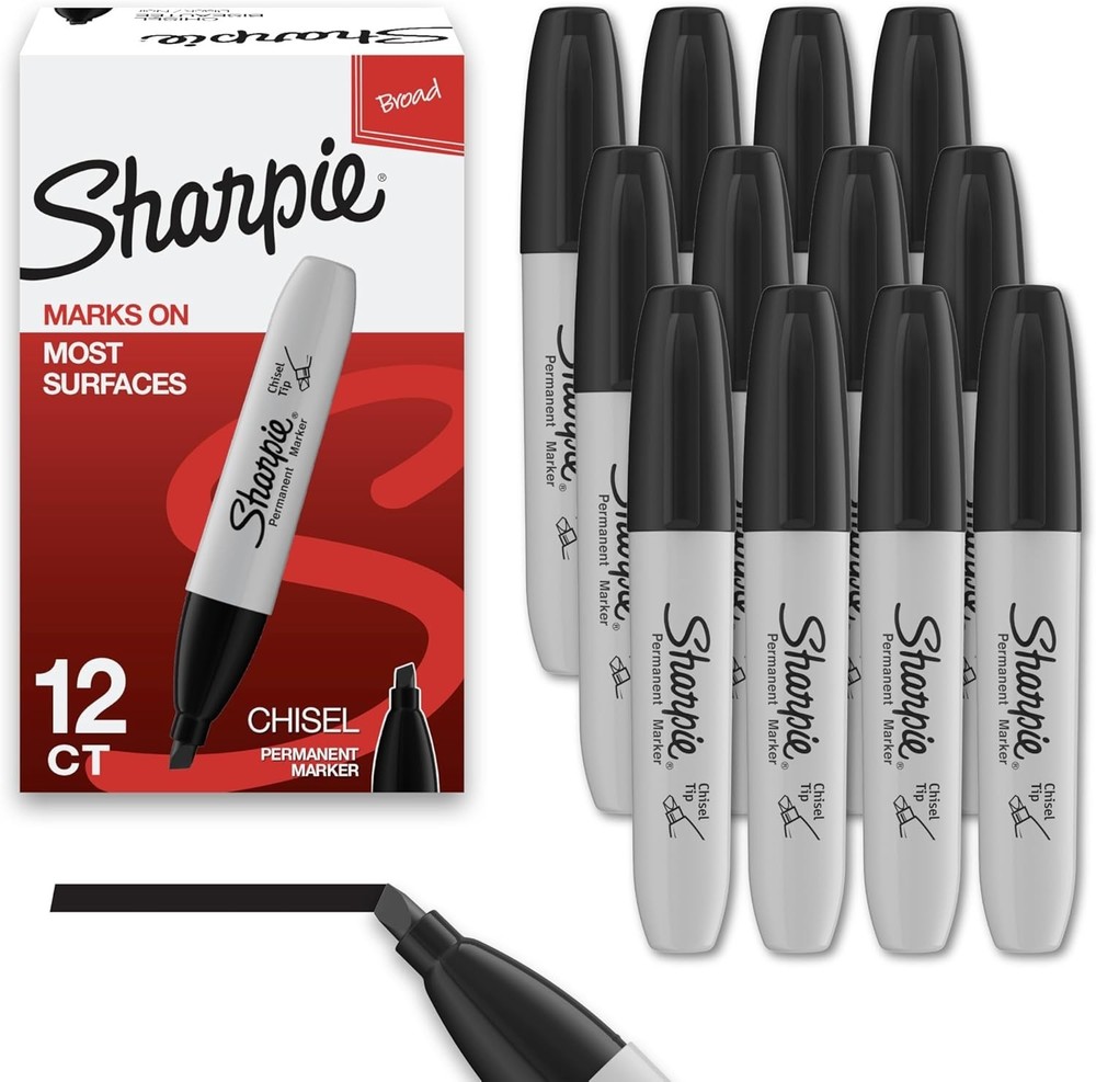 Permanent Markers, Chisel Tip, Black, 12 Count