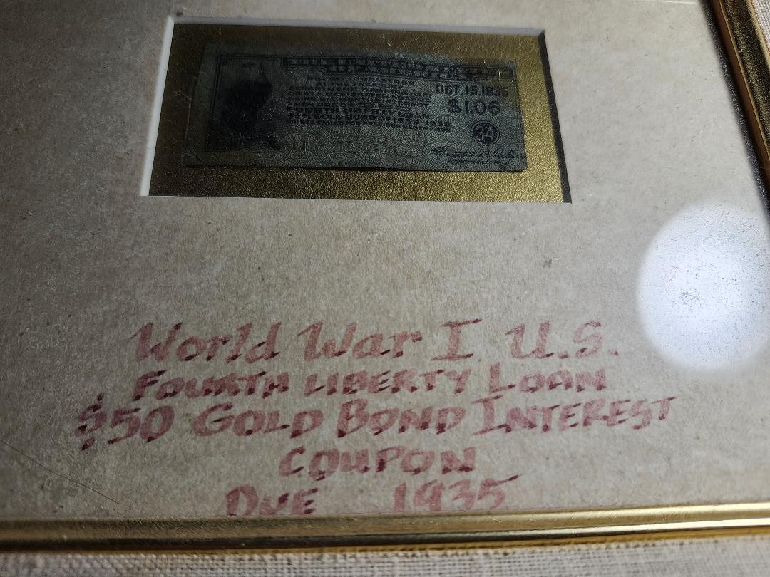 USA 1918 FOURTH Liberty Loan 4 1/4% GOLD WAR BOND COUPON IN FRAME. WWI COUPON