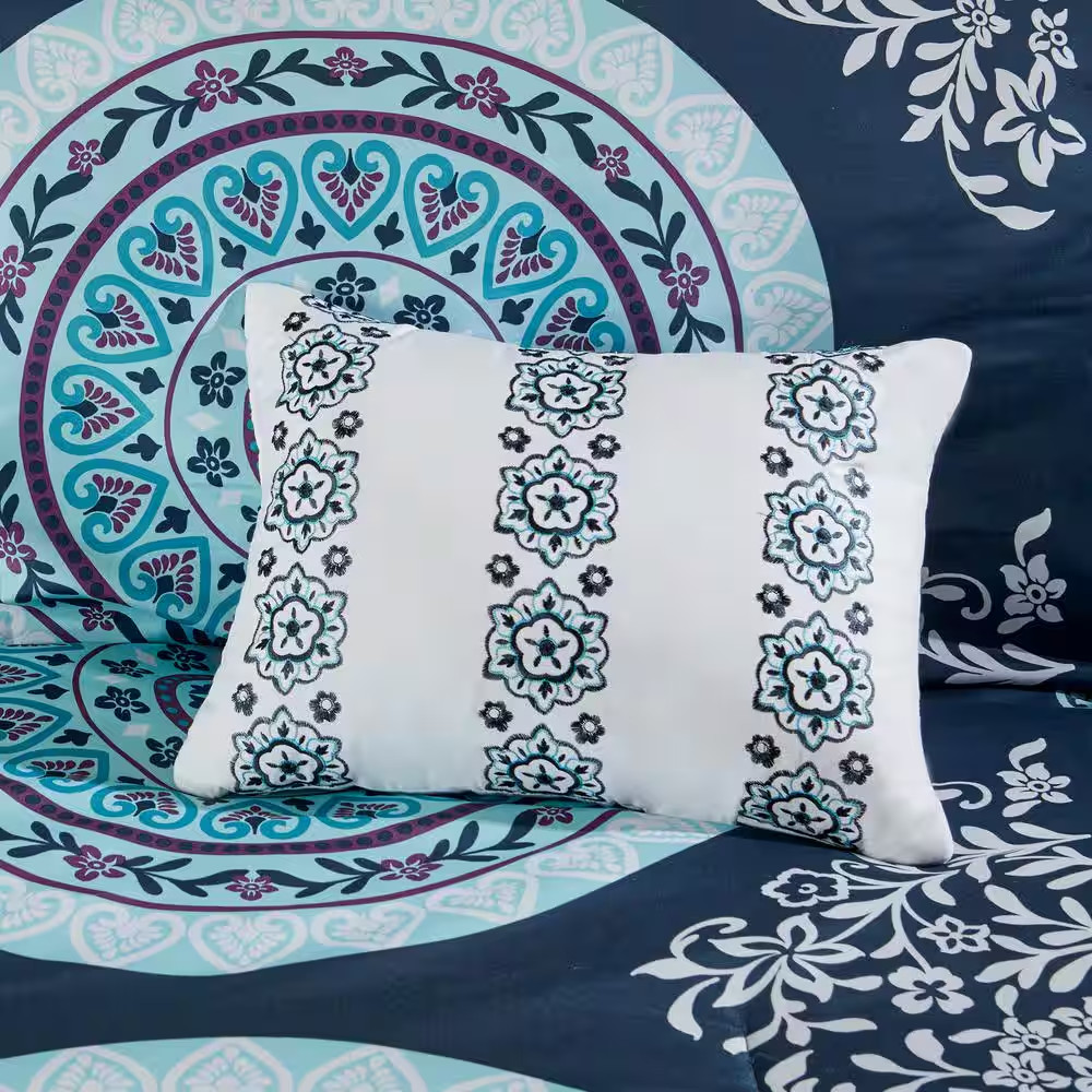 9 Piece Navy Soft Microfiber Queen Size Brush Printed Pattern Boho Comforter