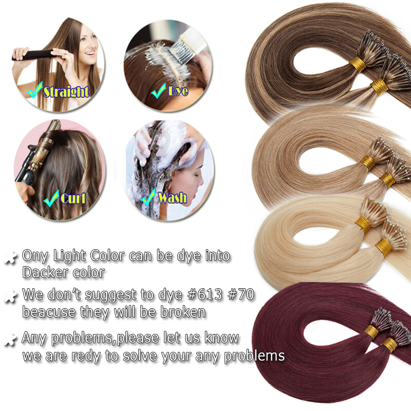300PCS THICK 100% Remy Human Hair Extensions Nano Ring Tip Micro Loop Beads 150G
