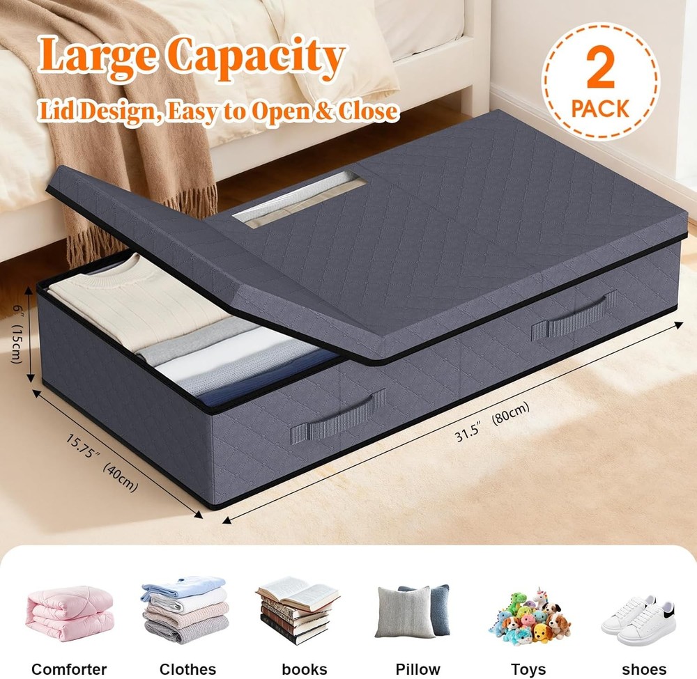 Under Bed Storage Containers W/ Lids 2 Pack Foldable & Stackable Clothes Storage