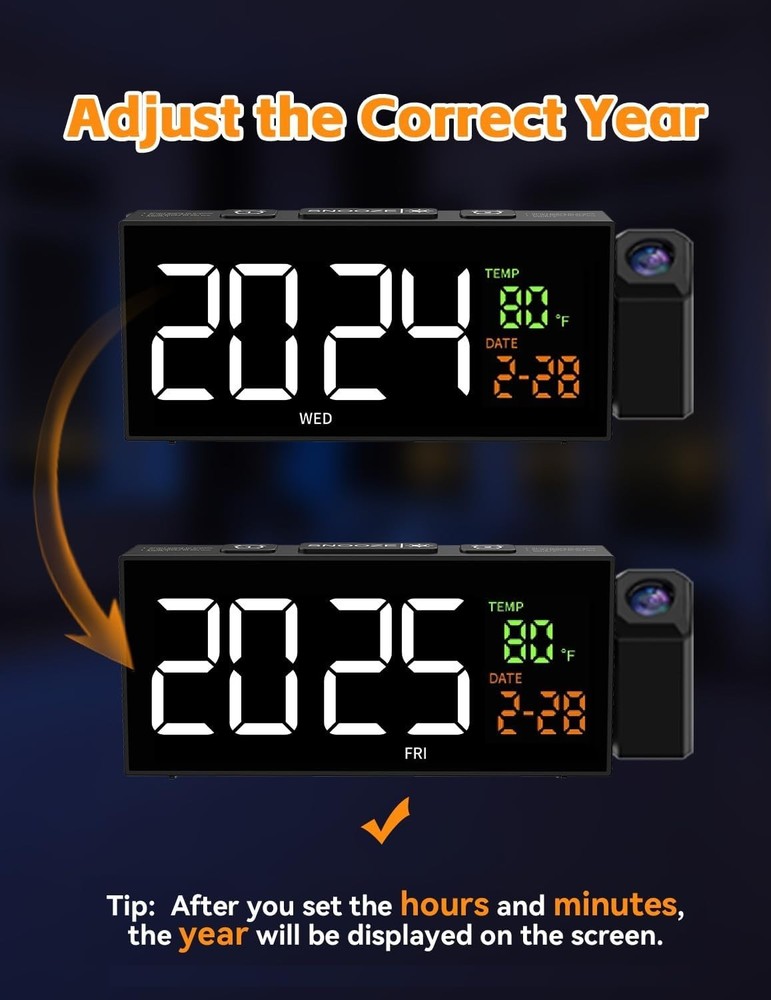 Clear LED Projection Alarm Clock: 3-Level Brightness and Snooze Functionality