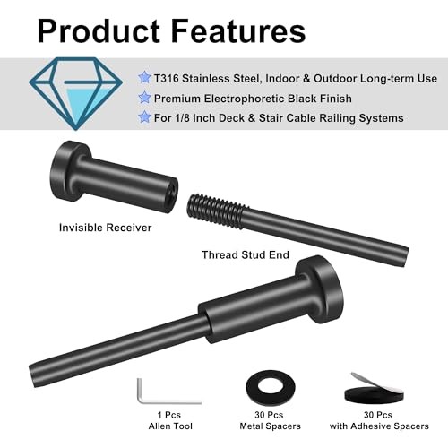 Pack Invisible Cable Railing Kit, Cable Railing Hardware, 316 1/8 Inch 30 Black