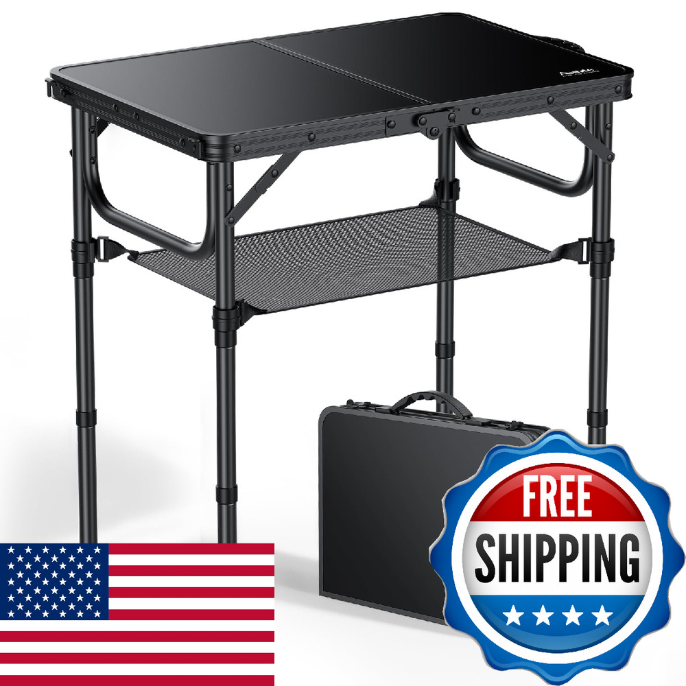 Anbte 2ft Folding Camping Table with Storage Net, 3 Adjustable Heights Small Fol