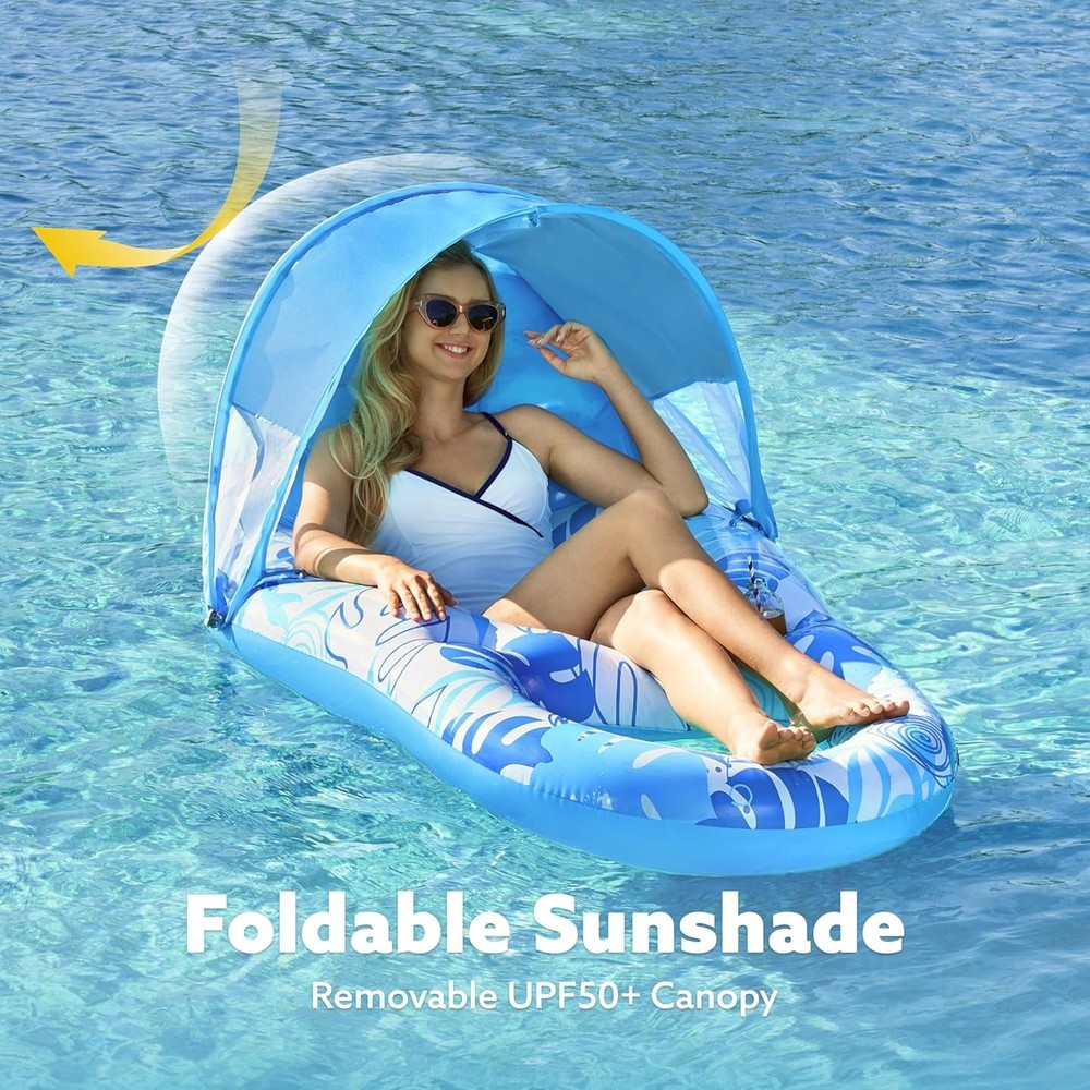 Inflatable Pool Float Lounger with Canopy Blue 60"x36" Cup Holders