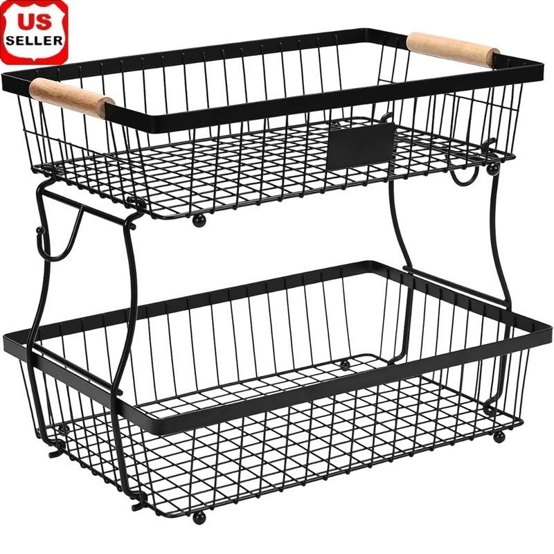 2 Tier Metal Fruit Basket Storage Rack Kitchen Organizer Multifunctional Display