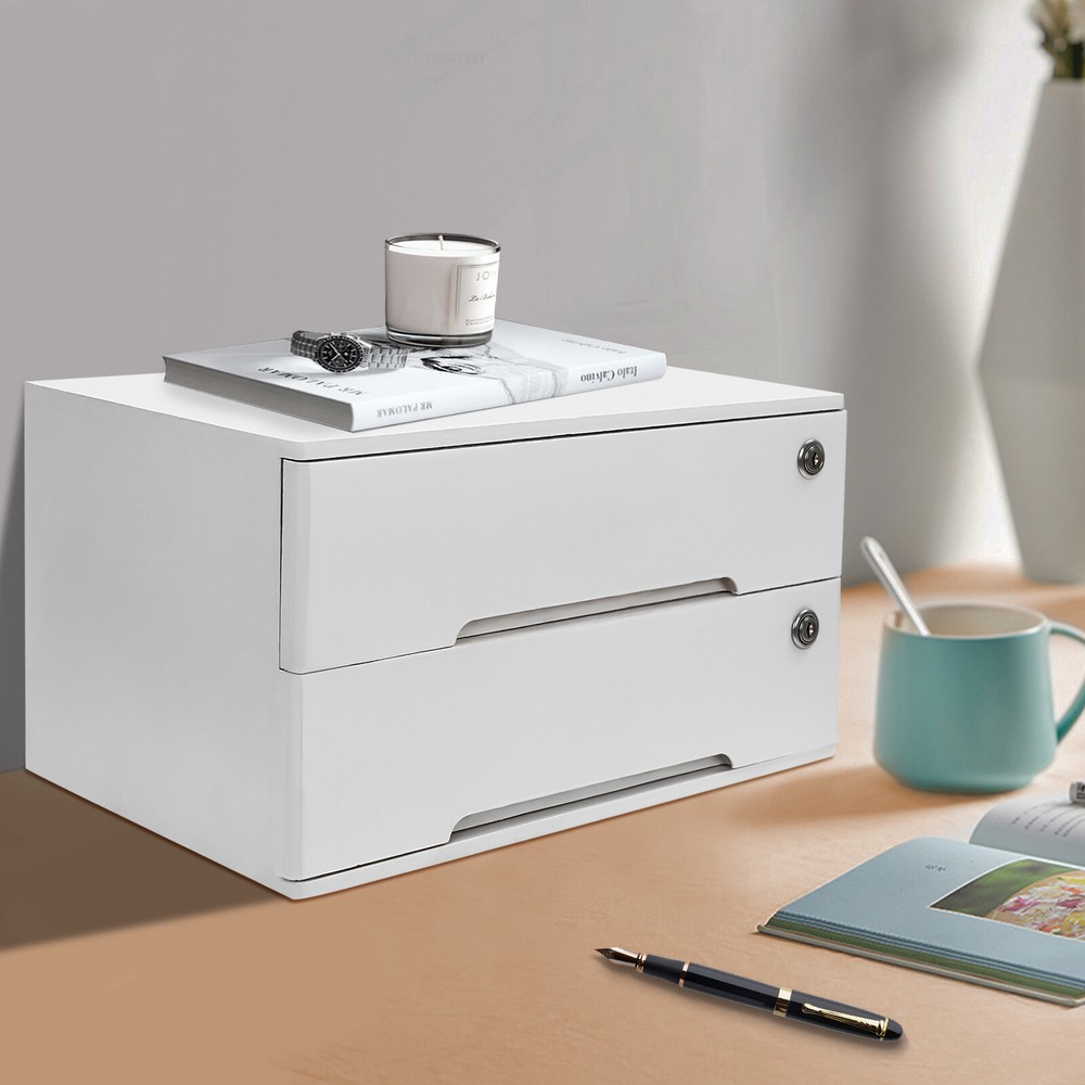 Compact Wooden 2-Drawer Desk Organizer Cabinet - Lockable Storage Solution