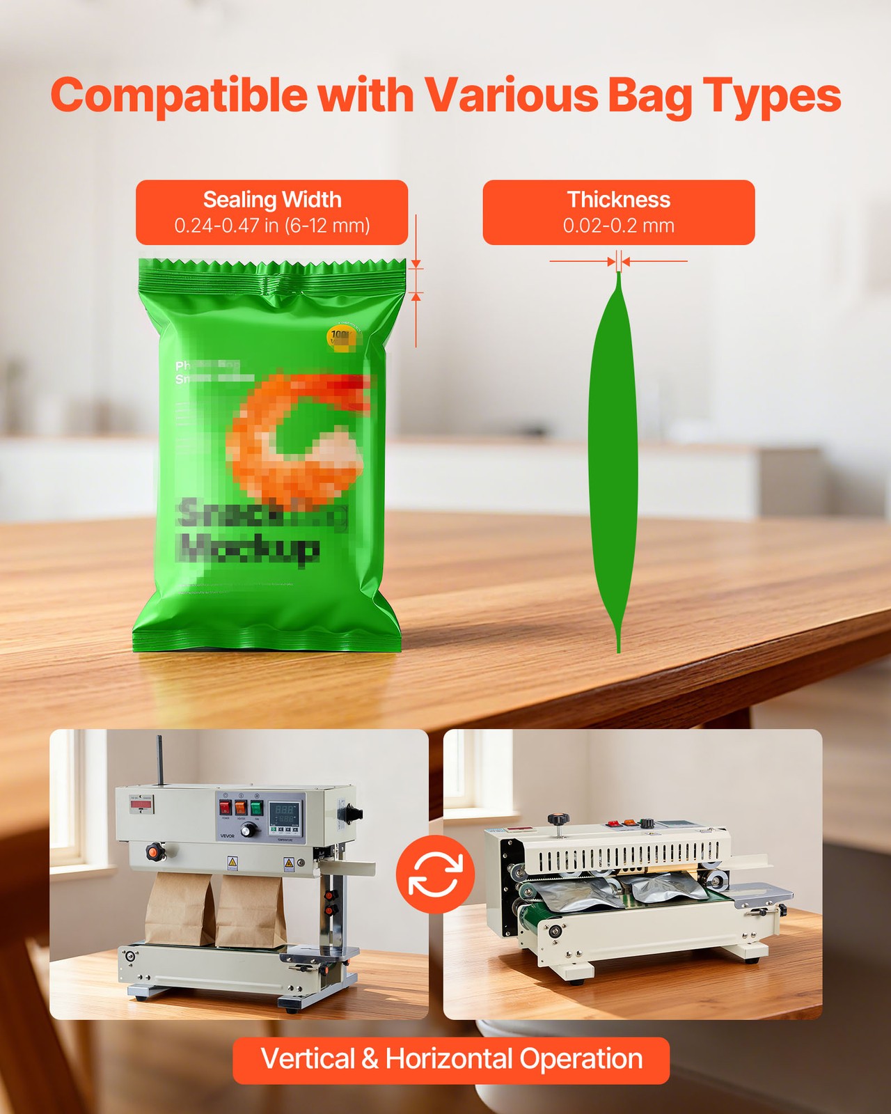 VEVOR Continuous Sealing Machine Vertical Band Sealer 0.24-0.47 in Seal Width