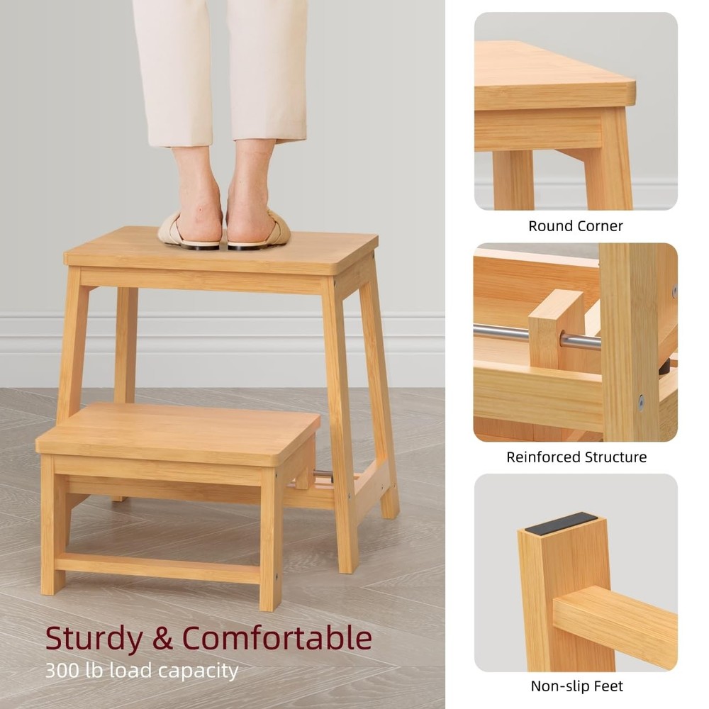 Bamboo Folding Step Stool with Sturdy Structure and Wide Stepping Surface for...