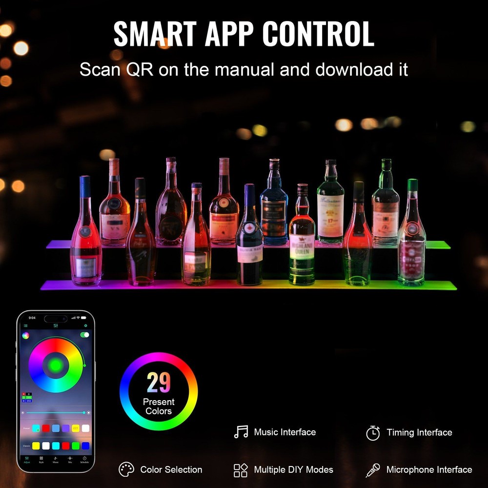 48x2-step LED lit bottle display shelf & bar with RF & app control
