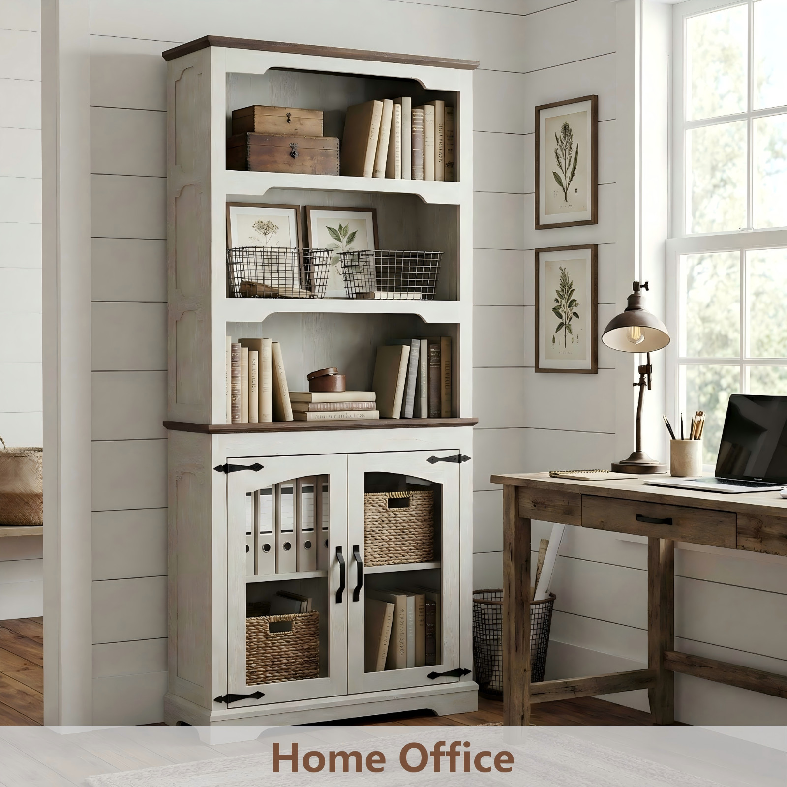 Farmhouse Tall Bookcase with Doors, Rustic White Storage Cabinet with Anti-Tip