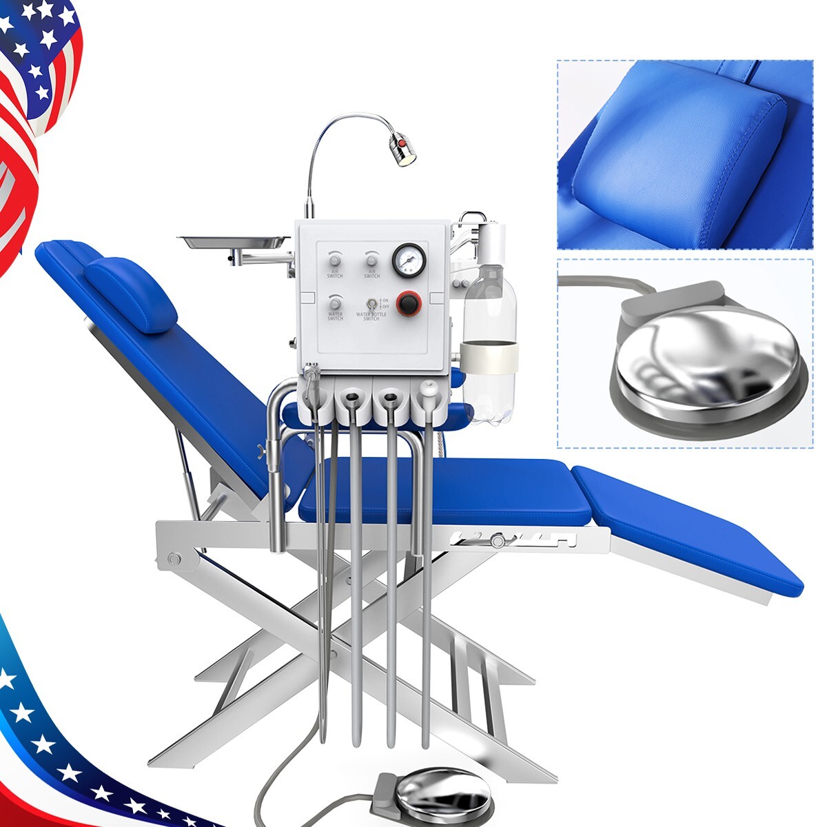 Silla plegable móvil dental portátil+unidad de turbina+lámpara LED+bandeja