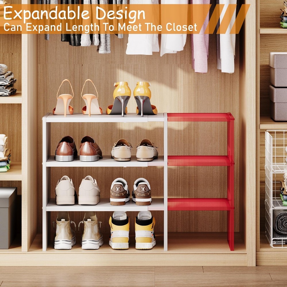 3-Tier Expandable White Shoe Rack Organizer for Closet, Stackable Shoe Racks ...