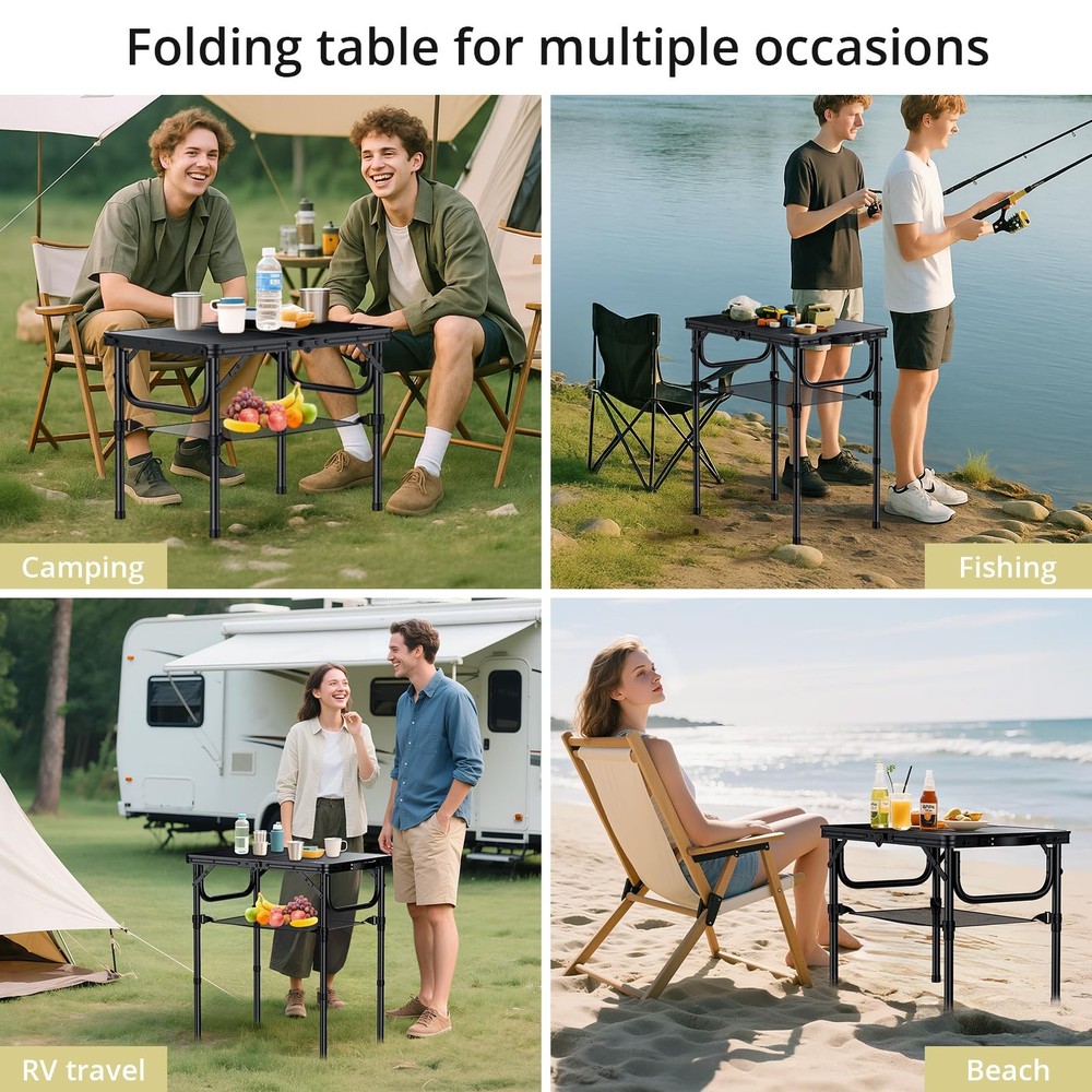 Anbte 2ft Folding Camping Table with Storage Net, 3 Adjustable Heights Small Fol