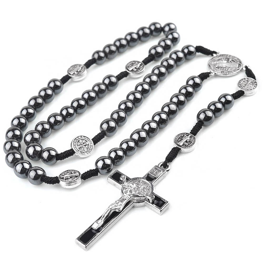 Saint St Benedict Holy Medal 15" Cord Rosary Large 8mm Hematite Beads Black