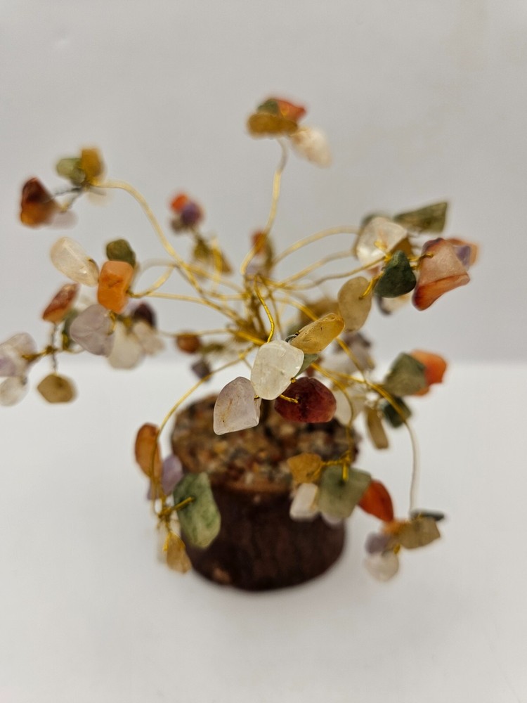 Copper Wire Multi Colored Gemstone Bonsai Tree & Wood Base - Vtg. Gemstone Tree