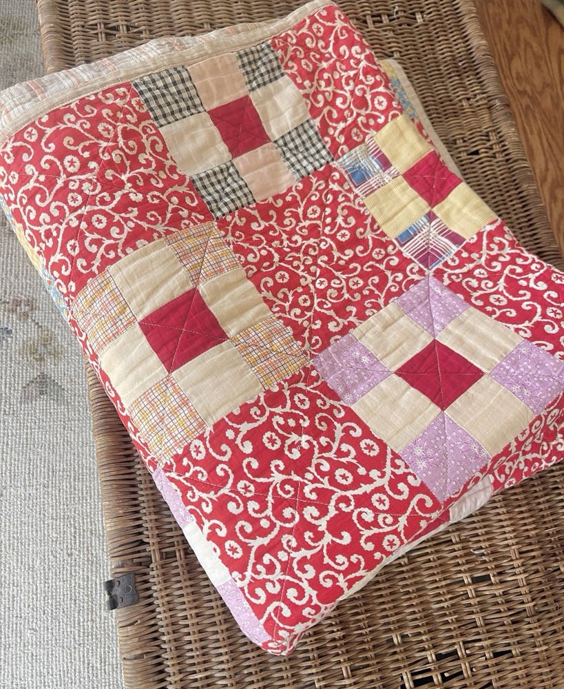 Vintage Red Calico Feedsack Patchwork Quilt Blanket Nine Patch 1900s Beautiful