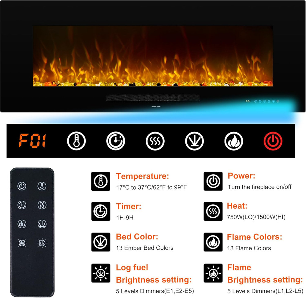 60" Wall-Mounted Electric Fireplace with Remote, Timer & Adjustable Flame Color