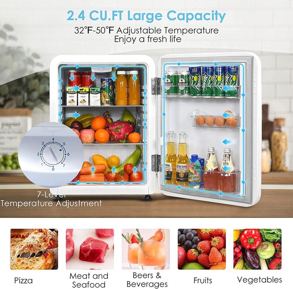 Compact 2.4 Cu Ft Mini Fridge with Adjustable Temp & Auto Defrost - White