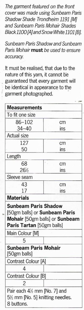 SUNBEAM 1454: ZIG-ZAG JACKET SIZE 86-102cm -34-40" SEWING PATTERN