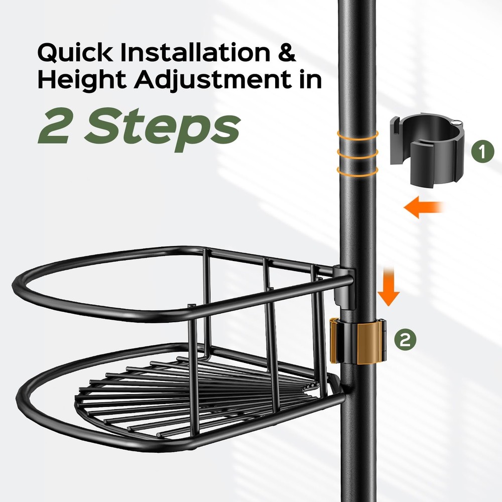 Bathtub Storage Caddy, 47-121 Inch Adjustable Pole, 4 Tier, Black