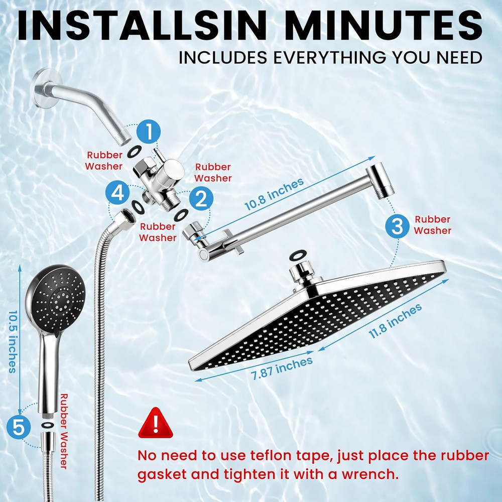 Shower Head with Handheld Combo,11.8 Inch Large Rectangular Rain Shower Head wit