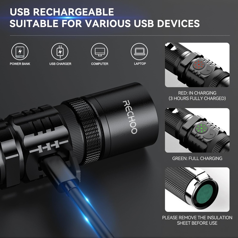 Flashlight Rechargeable High Lumens, Dual Switch Rechargeable LED Flashlight ...