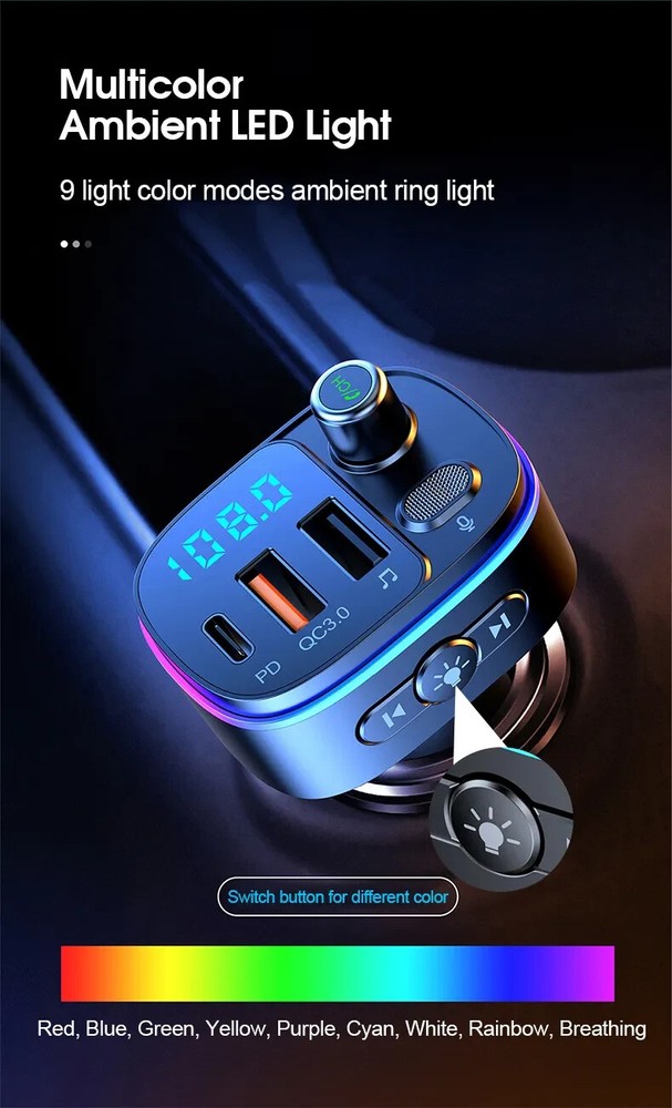 FM Transmitter Wireless Bluetooth Car Kit Radio Adapter USB Type C Charger Call