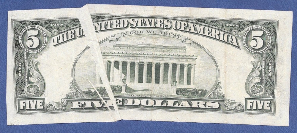 1977 $5 ERROR ♚♚LARGE GUTTER FOLD♚♚ AU++