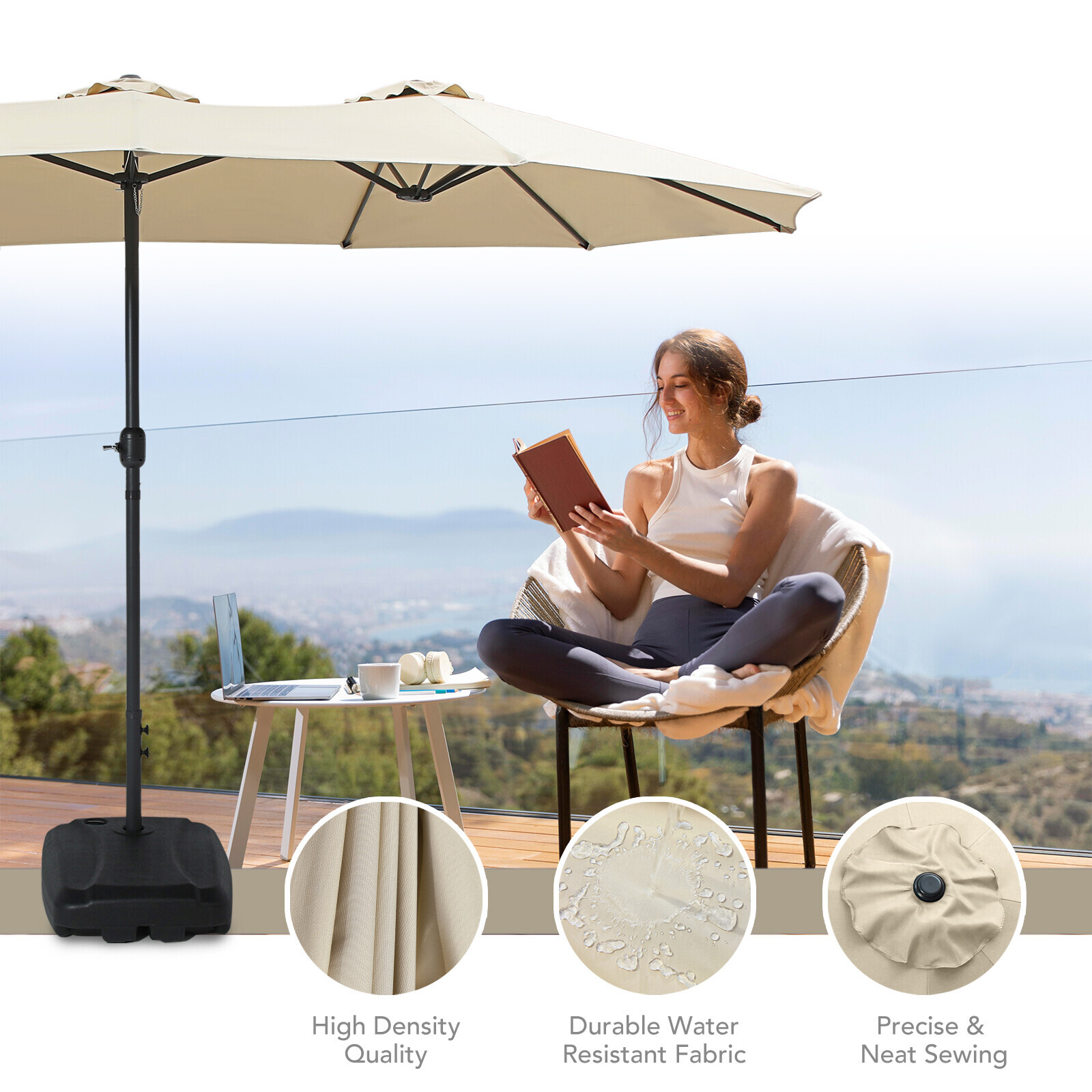 15FT Double-Sided Outdoor Sun Shade Backyard Patio Umbrella Beige w/ Crank Base