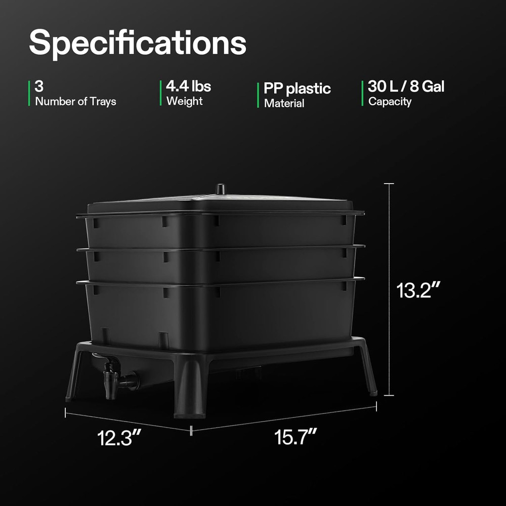 3-Layer Worm Compost Bin, 30L Worm Composter, Easy Setup Inclusive Worm Farm Kit