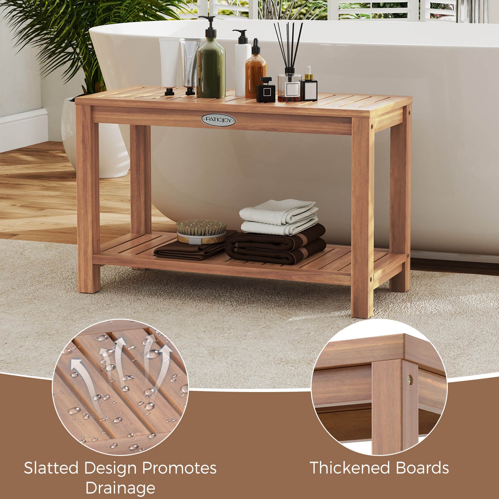 30 Inch Teak Wood Shower Bench Inside Shower Stool with Storage Shelf for Adults
