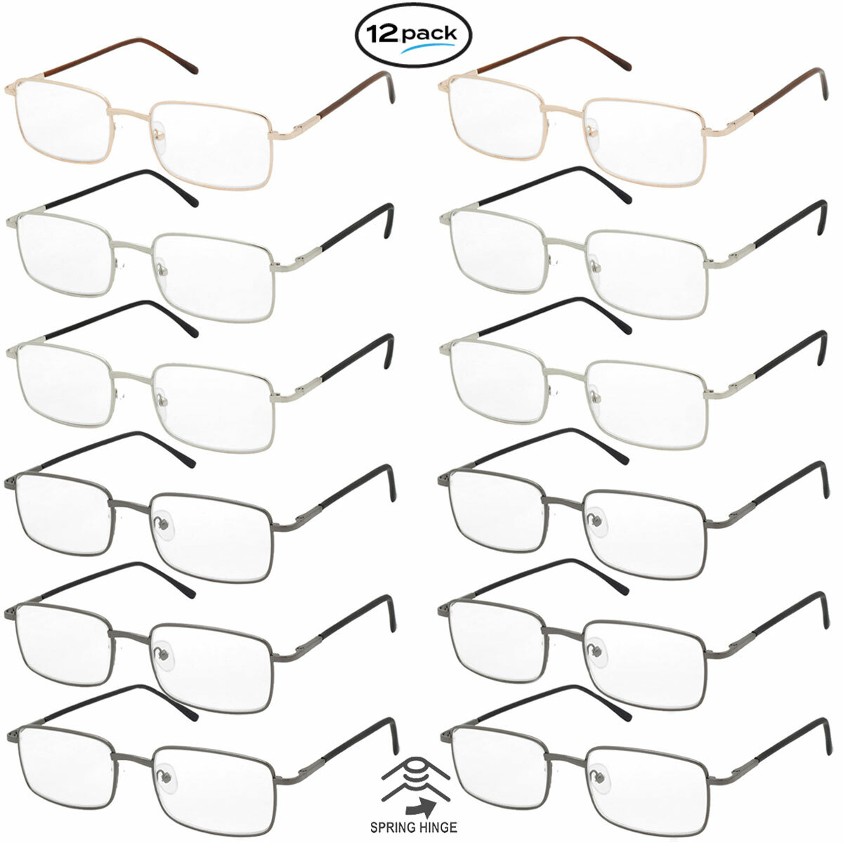 Reading Glasses Mens Womens 12 Pack Spring Hinge Square Metal Frame Wholesale