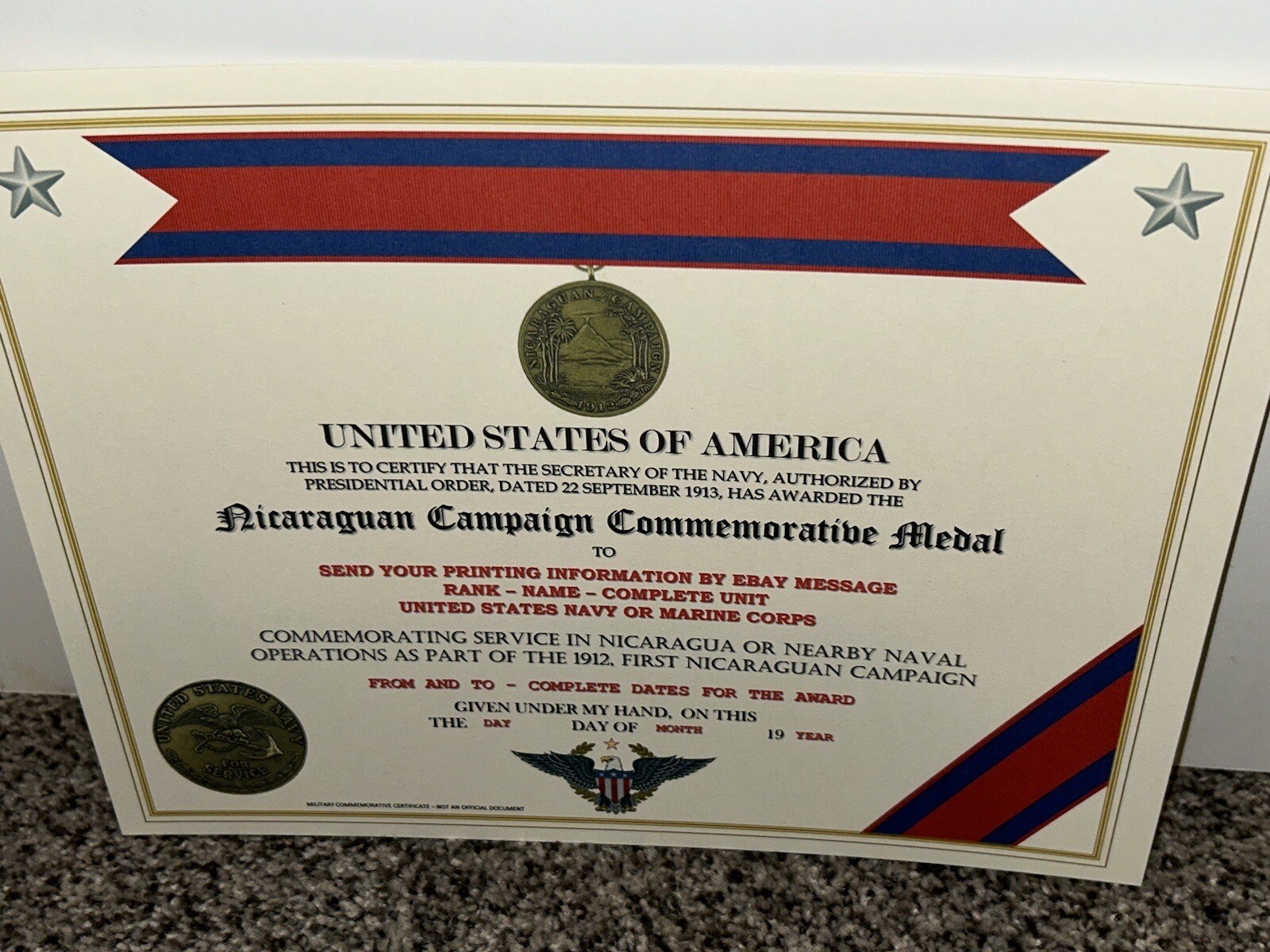 NICARAGUAN CAMPAIGN (NAVY) COMMEMORATIVE MEDAL CERTIFICATE ~ W/PRINTING TYPE-1