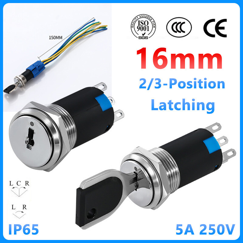 16mm Rotary Key Switch Latching 2/3 Position Selector Security Lock ON/OFF 5A
