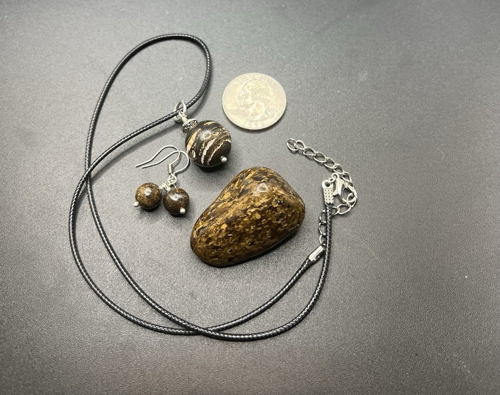 Bronzite Genuine Stone Handmade Necklace, Earrings, & Stone Set