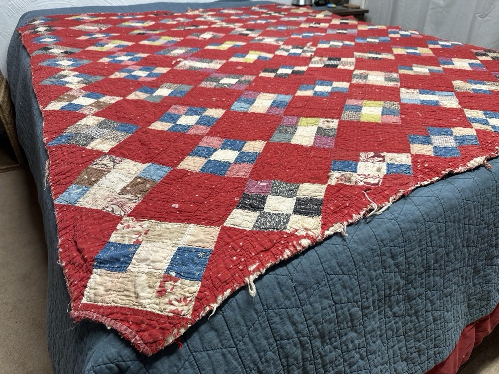 Vtg Nine Patch on Point Quilt Hand Sewn Red Feedsack Patchwork Distressed *Read