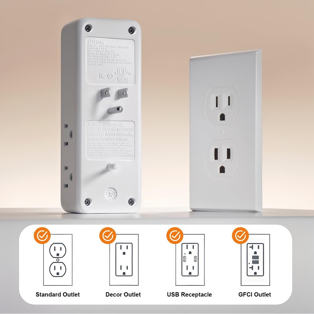 Surge Protector Outlet Extender 4 USB Wall Charger 2 USB C 6 AC Plug White