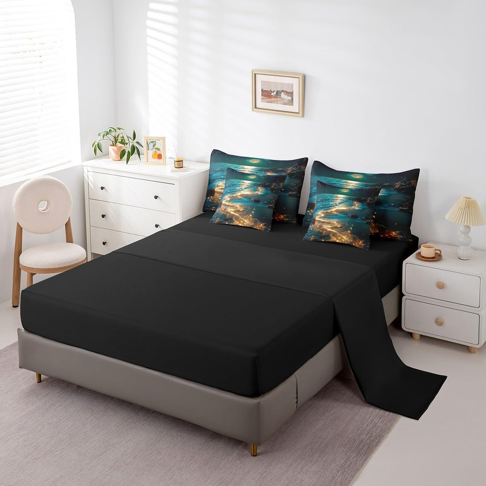 Moonlight Beach Comforter Set 7 Pieces Queen Size Seaside Moon Bedding Set for B