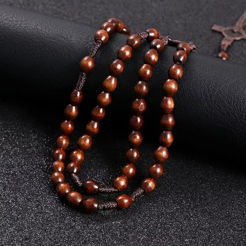 Christ Jesus Wooden Beads 8Mm Rosary Bead Cross Car Pendant Woven Rope Chain Nec