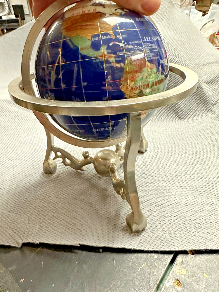 10 Inch Decorative Gemstone Inlaid World Globe With Solid Brass Three.