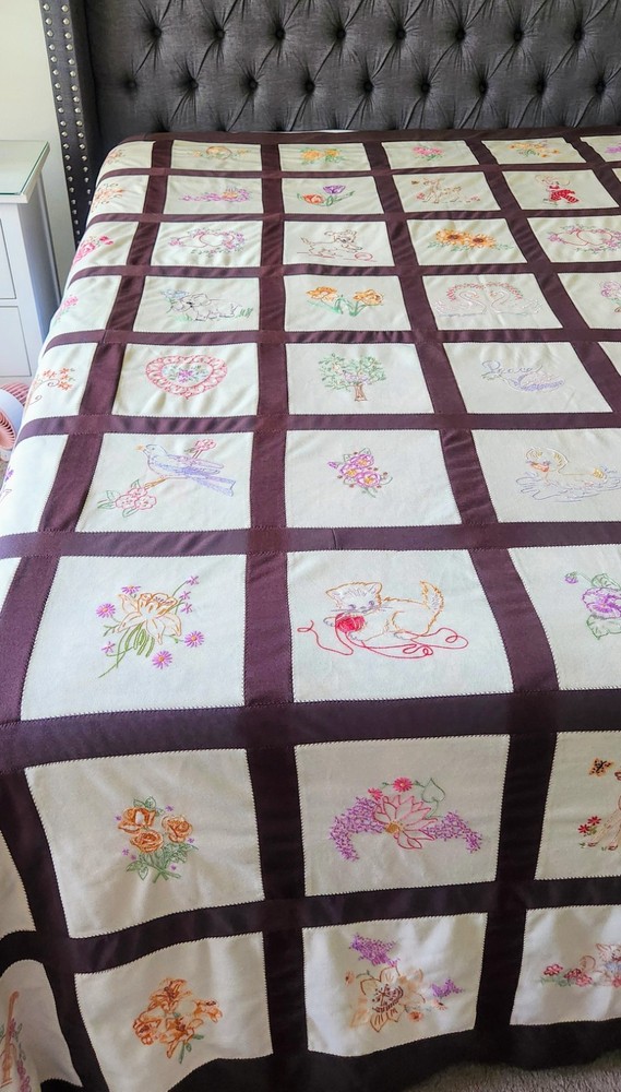 Vintage Handmade 80"×104" Embroidered Patchwork Quilt/Coverlet EUC