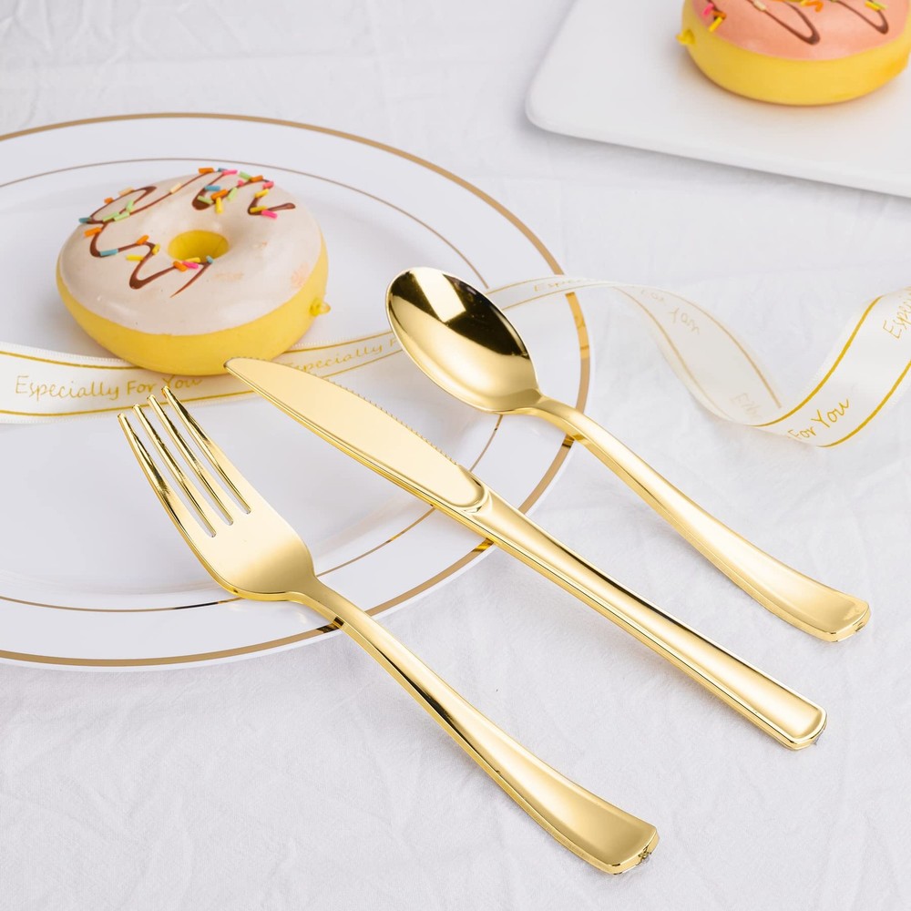 60PCS Gold Plastic Silverware Gold Plastic Cutlery Set Disposable Flatware D...