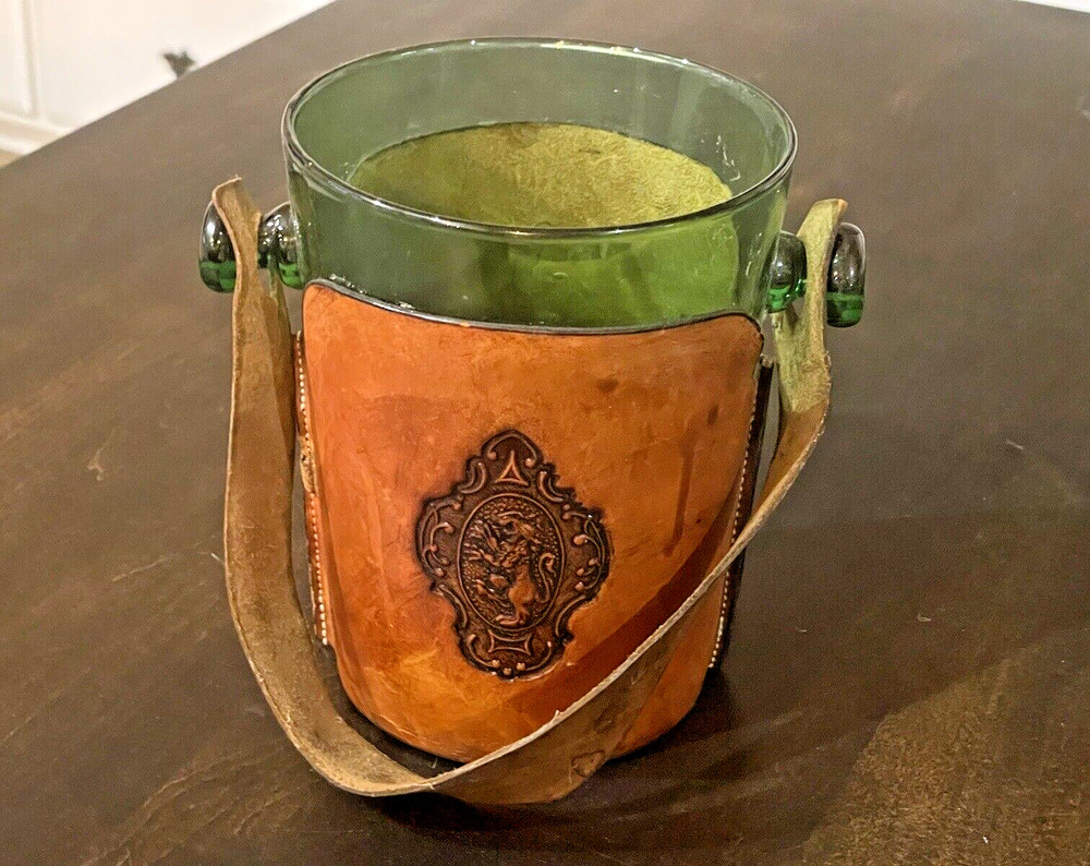 Vintage Green Glass Tooled Leather Wrapped Ice BUCKET Lion Leather Strap B60