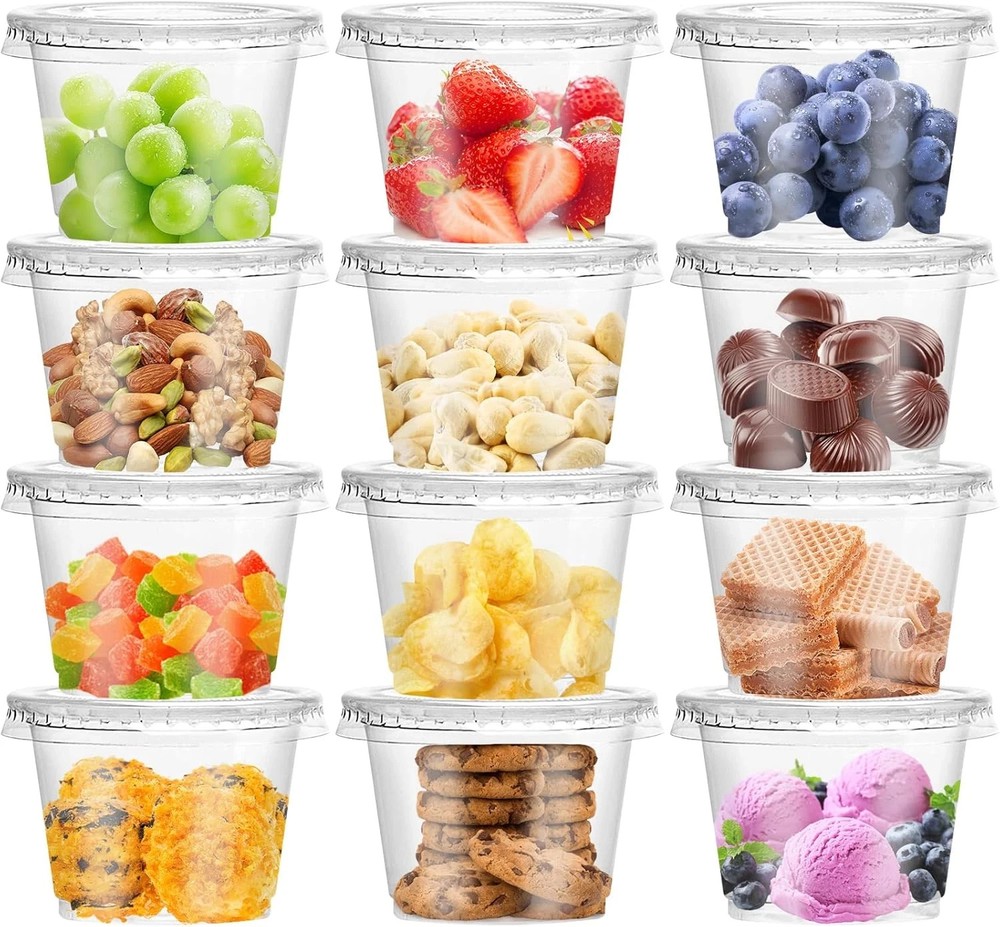 100 Pcs 8 OZ Disposable Plastic Cups with Flat Lids,Clear Portion Cups with Flat