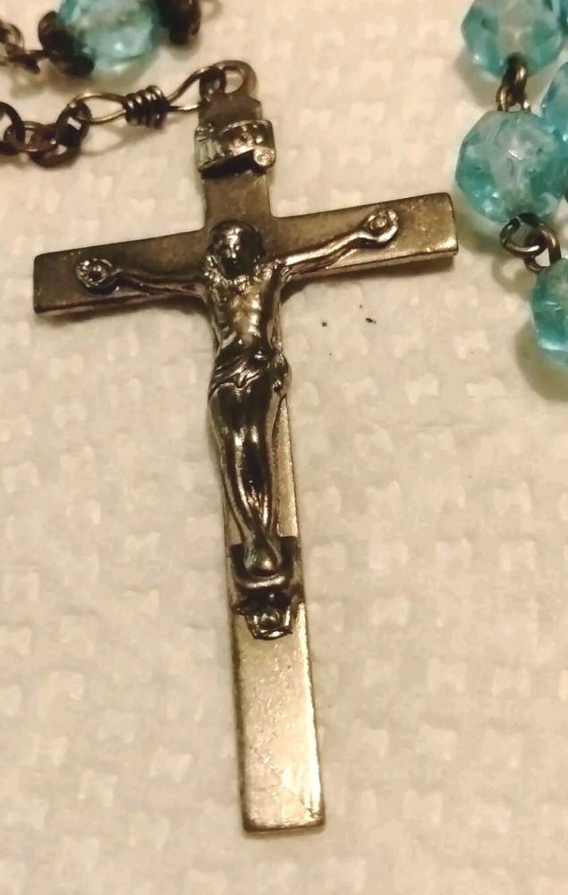 Antique Sea Blue Rosary Sacred Heart Of Jesus 1930's Original