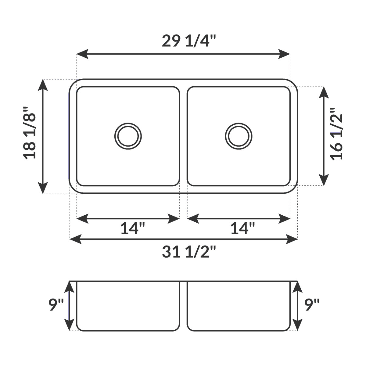 Undermount Stainless Steel Double Basin Kitchen Sink 31 1/2 " x 18 1/8" x 9"
